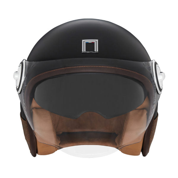 NOX PREMIUM CASQUE JET HERITAGE NOIR MAT CUIR MARRON Nox Helmet