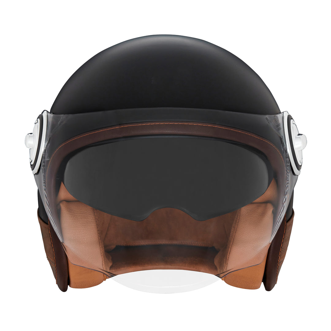 NOX PREMIUM CASQUE JET HERITAGE NOIR MAT CUIR MARRON Nox Helmet
