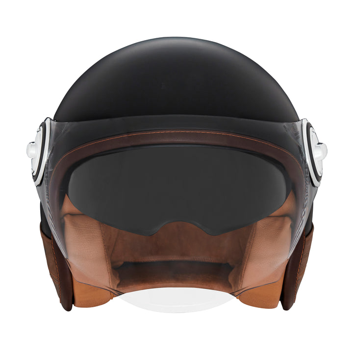 NOX PREMIUM CASQUE JET HERITAGE NOIR MAT CUIR MARRON Nox Helmet