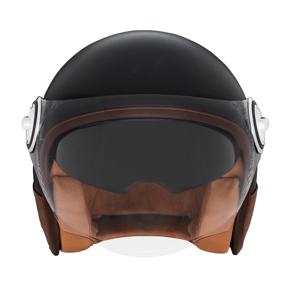 NOX PREMIUM CASQUE JET HERITAGE NOIR MAT CUIR MARRON Nox Helmet
