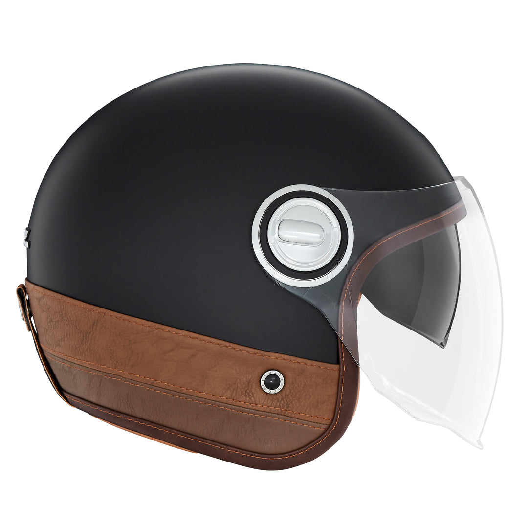 NOX PREMIUM CASQUE JET HERITAGE NOIR MAT CUIR MARRON Nox Helmet