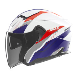 Casque de moto Nox jet N 130 MYST blanc, bleu et rouge