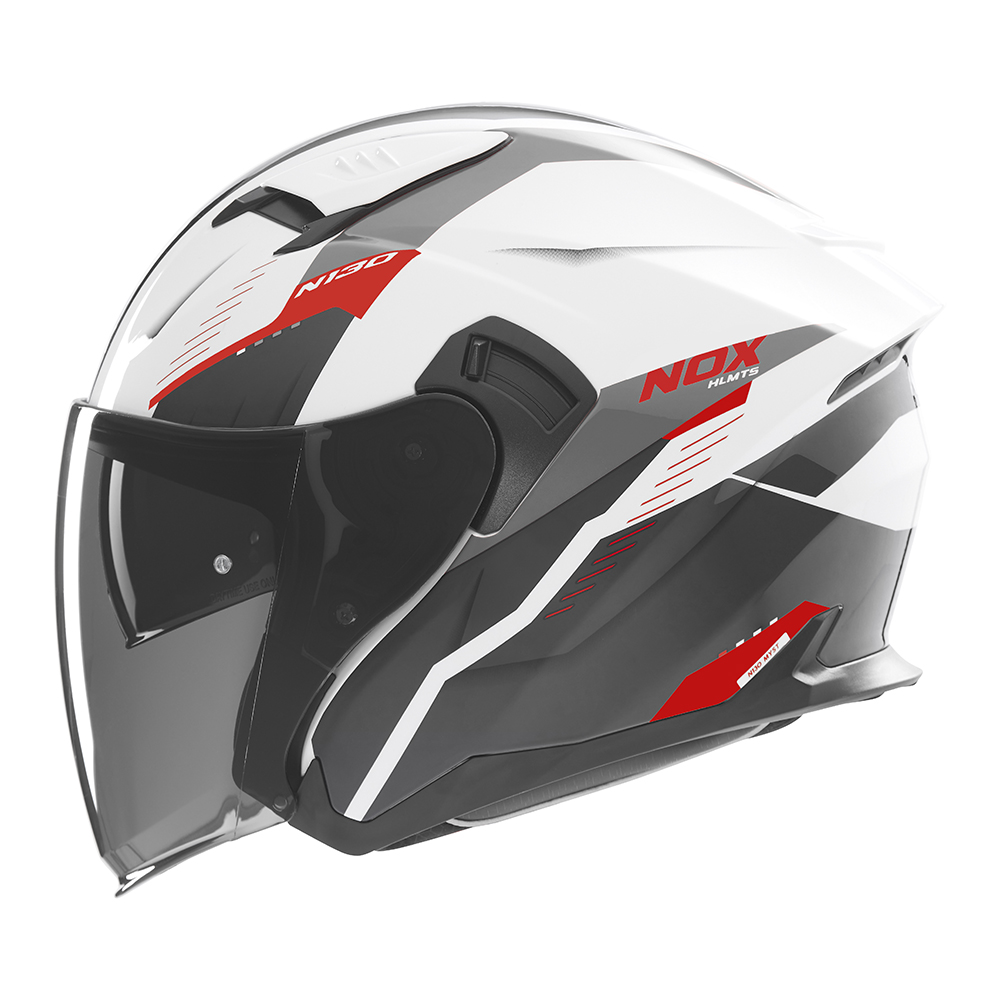 Casque de moto Nox jet N 130 MYST blanc et rouge