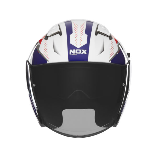 Casque de moto Nox jet N 130 MYST blanc, bleu et rouge